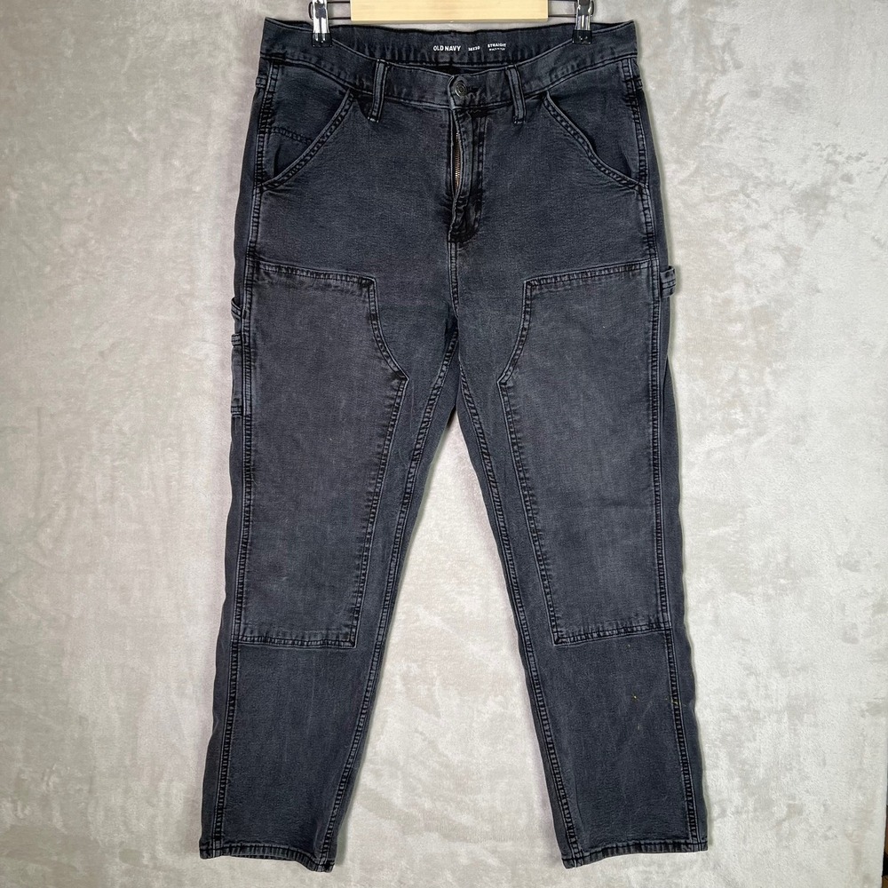 Old Navy Double Knee‎ Pants Size 36x30 Black 90s Straight Denim Jeans Faded Y2K